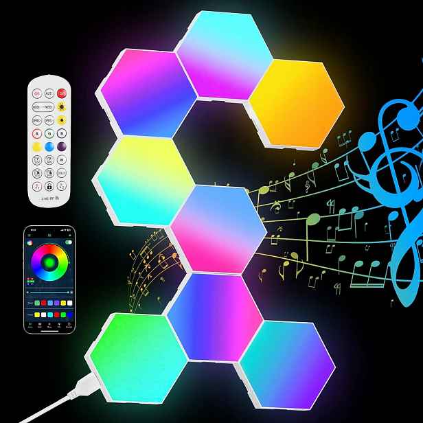 Herní nástěnné svítidlo, 8 kusů Led hexagonálních panelů, synchronizace s hudbou
