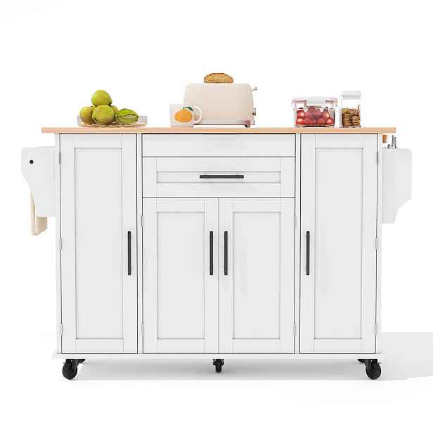 EVRYAE KUCHYŇSKÝ OSTRŮVEK s výsuvnou pracovní deskou, kolečky, úložným prostorem MDF 120/45/70 cm