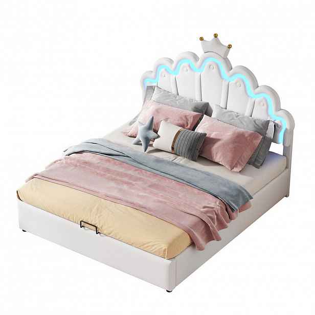 OKWISH ČALOUNĚNÁ postel 140/200 cm bílá z PU s LED osvětlením a úložným prostorem