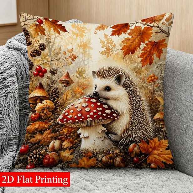 TEMU 1ks Oboustranně potištěný povlak na polštář, 45×45cm, 2D plochý tisk, roztomilý ježek a houby s podzimními , vhodný pro obývací pokoj, ložnici,