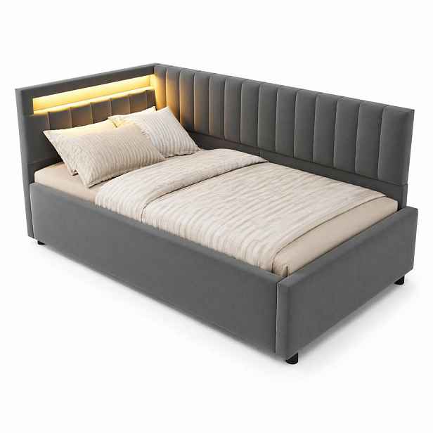 CHICFURN ČALOUNĚNÁ POSTEL 90/200 cm v šedé barvě se sametem, LED a úložným prostorem