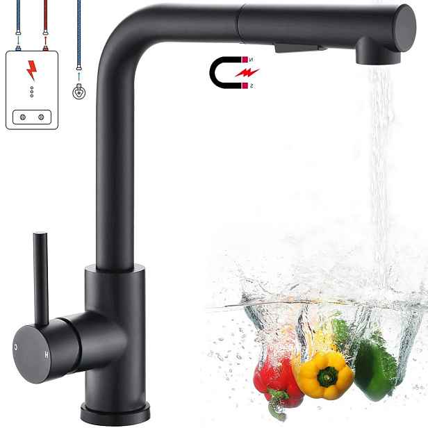 Kuchyňská baterie G3/8 S Vytahovací Sprškou SUS304 Černá 360° Keramický dům