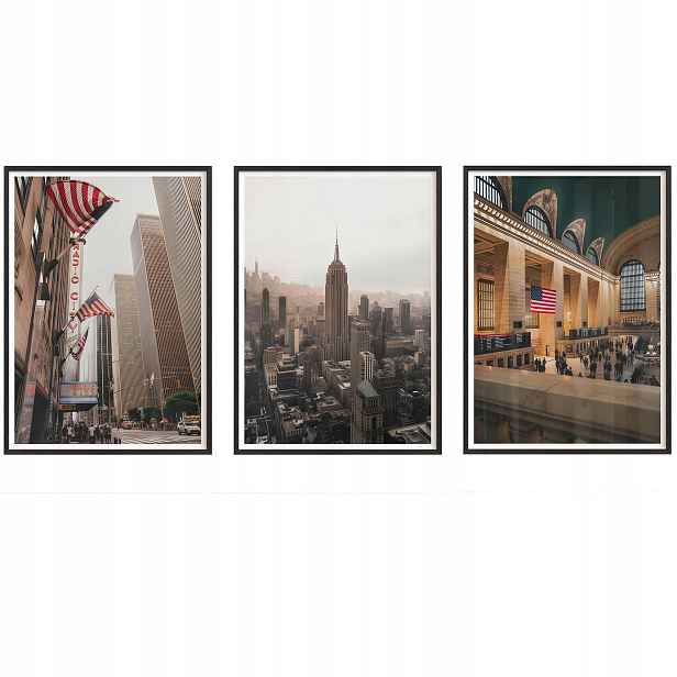 Obrazy New York Empire State Plakáty Rámečky Dřevěné Černé 3ks 30x42 cm