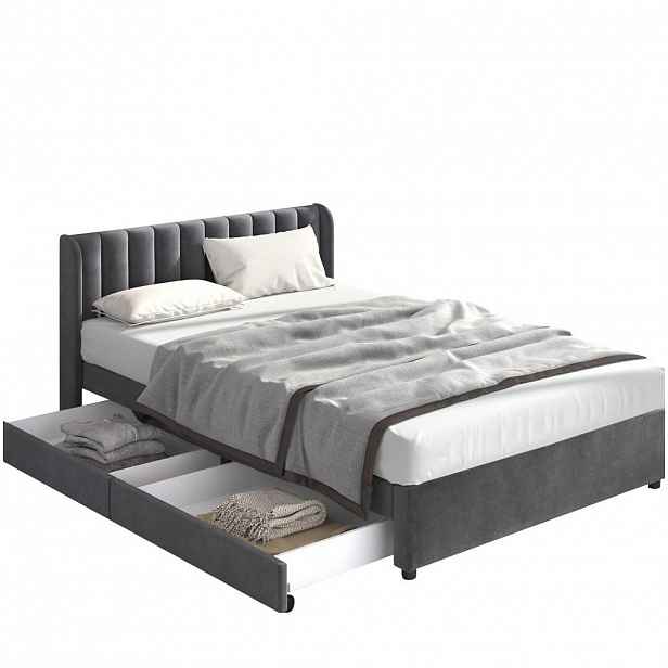 OKWISH ČALOUNĚNÁ postel 140/200 cm šedá ze sametu s lamelovým roštem a 2 zásuvkami