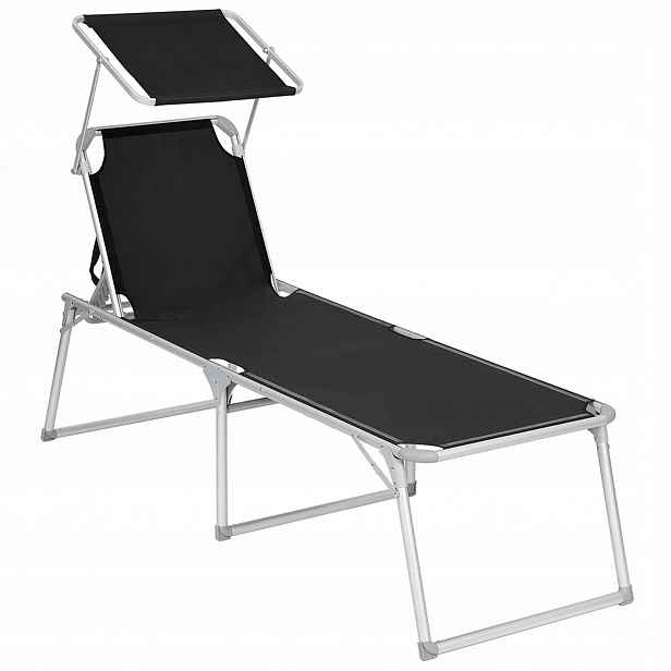 Zahradní lehátko Songmics XXL skládací se stříškou, 200 cm, černý hliník