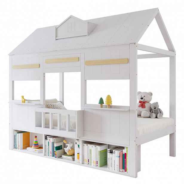 CHICFURN VYVÝŠENÁ POSTEL 90/200 cm v bílé barvě s domečkovým designem a policí