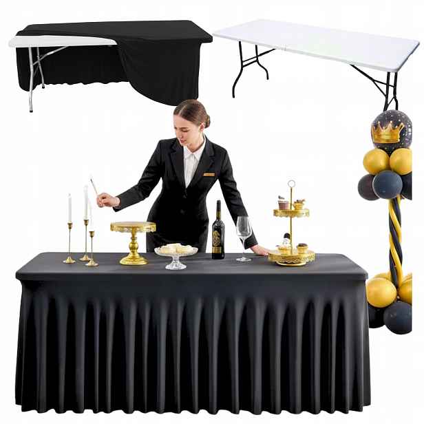 Obal na stůl s volánem Černý 180x76 cm ubrus catering svatební hostina banket