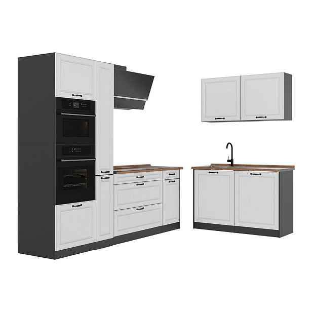 Vicco ROHOVÁ KUCHYŇ R-Line, Bílý venkovský dům/Antracit, 230 x 120 cm pracovná doska Dub Goldkraft