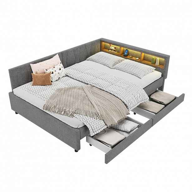 CHICFURN POSTEL 140/200 cm v šedé barvě s LED osvětlením, USB-C a 2 zásuvkami