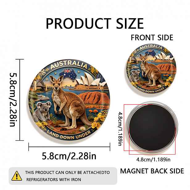 TEMU 1 ks 2D plochý magnet na ledničku s Austrálie "Land ", odolný kulatý magnet, vhodný pro připevnění na ledničky, tabule, ruční práce, fotografie,