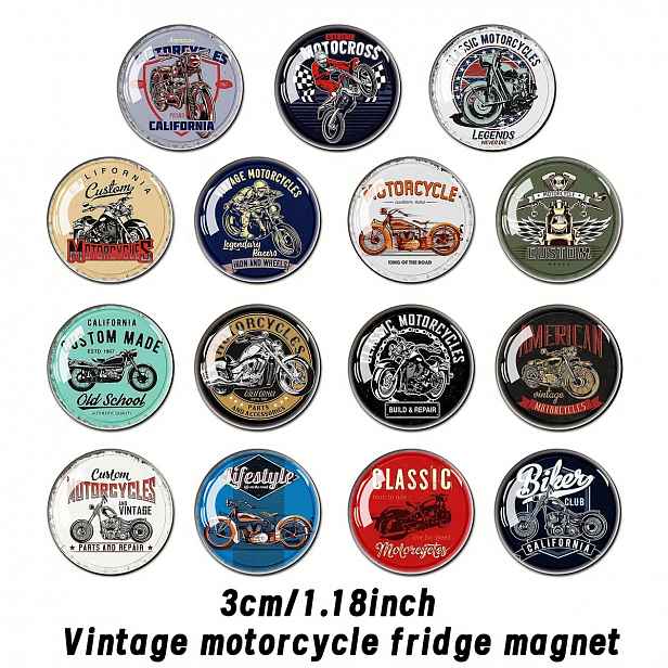 TEMU 15 ks Retro Motocykl 3D Reliéf Čas Drahokam Skleněné Magnetky na Lednici Velká Skleněná Kupole Bílá Tabule Úložná Skříňka A Myčka Nádobí