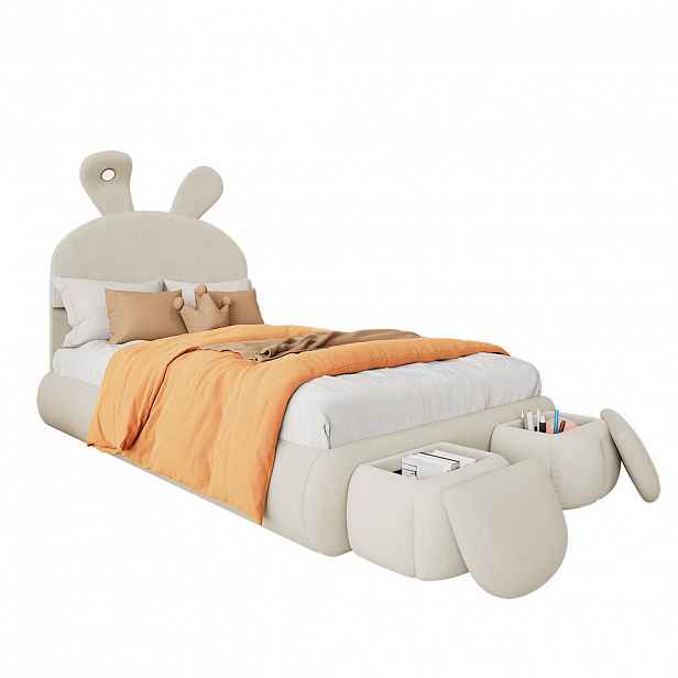 CHICFURN ČALOUNĚNÁ POSTEL 90/200 cm v béžové barvě s LED osvětlením a úložnými taburety