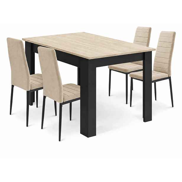 Jídelní stůl 120x80 cm, dekor dub sonoma s černými nohami 4 béžové sametové židle Axell