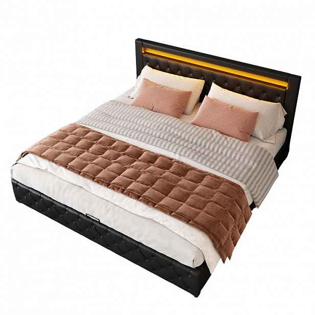 OKWISH ČALOUNĚNÁ postel 180/200 cm černá z PU s LED osvětlením a úložným prostorem