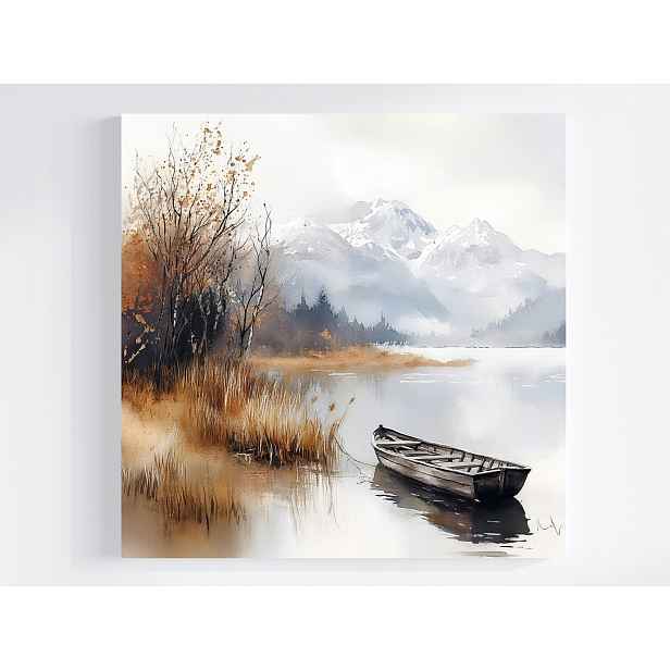 Obraz Na Plátně Canvas Krajina Venkovní Hory Jezero Loďka Mlha Podzim 50x50
