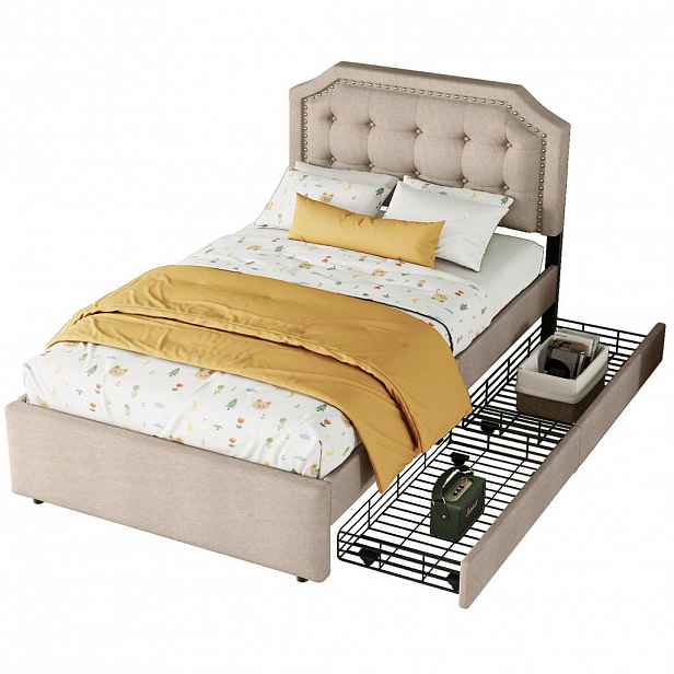 OKWISH ČALOUNĚNÁ postel 90/200 cm tmavě béžová z MDF se 2 zásuvkami a nastavitelným čelem
