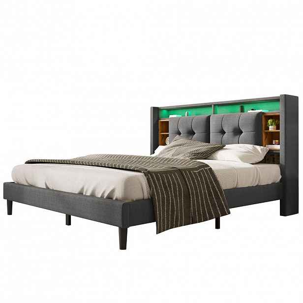 STILVORA ČALOUNĚNÁ POSTEL 160/200 cm šedá s úložným čelem, LED, USB a zásuvkami, len