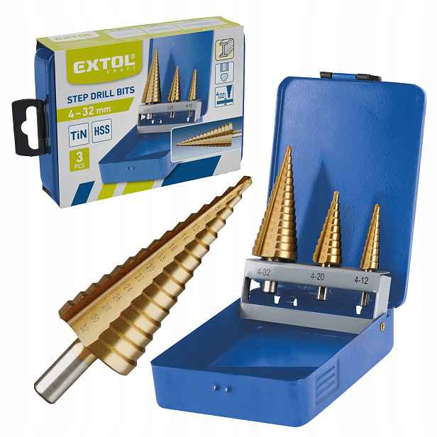 Stupňovité kuželové vrtáky Sada 3 x 4-32 mm pro plast Hss TiN