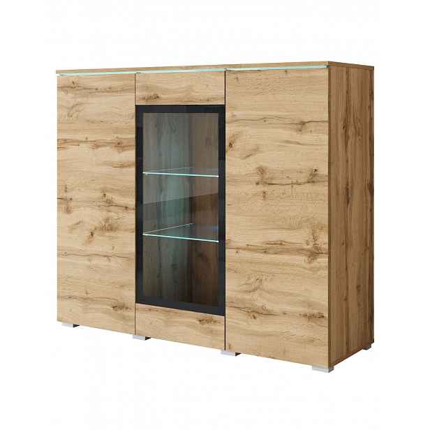 Komoda s vitrínou a LED osvětlením Vera dub wotan, 120 cm