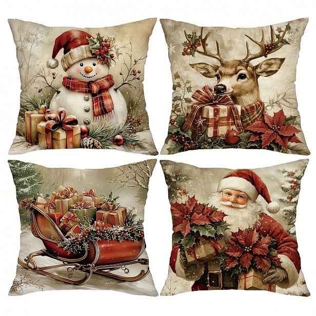 TEMU Sada 4 svátečních povlaků na polštáře s retro Santa a sněhuláka s , rozměry 18" x 18". Perfektní pro dodání dekorativního doteku na vánoční