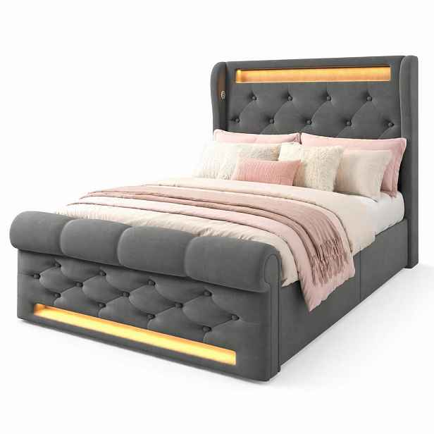 CHICFURN ČALOUNĚNÁ POSTEL 90/200 cm v šedé barvě s úložným prostorem, LED a USB-C ze sametu