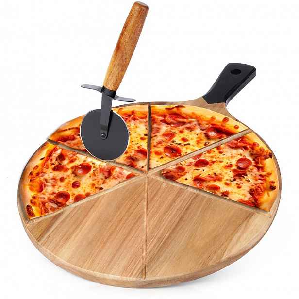 Dřevěné Akátové Prkénko Na Pizzu 30 CM S Nožem Na Krájení, 2 El.