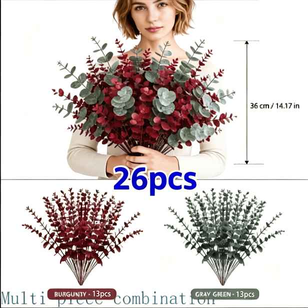 TEMU Sada 26 ks realistických větví eukalyptu, 13 palců vínově červená a 13 palců šedozelená, realistické umělé vysoké 14,17 palců/36 cm, ideální pro