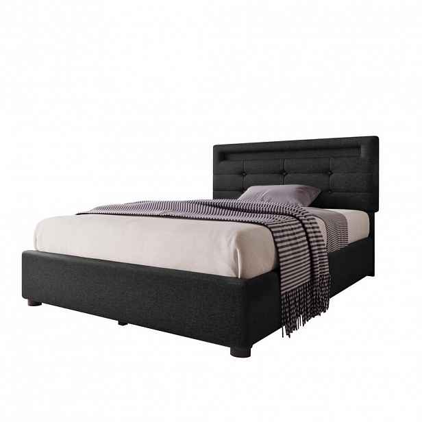 OKWISH ČALOUNĚNÁ postel 90/200 cm černá z lněné tkaniny s LED osvětlením a 2 zásuvkami