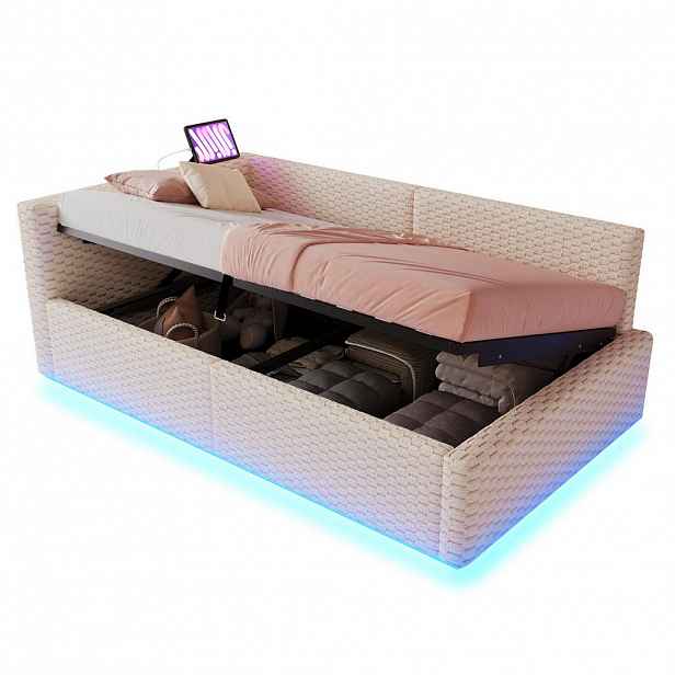 Redom ČALOUNĚNÁ postel 90/200 cm s LED osvětlením, USB a USB-C porty, hydraulickým úložným prostorem a sametovým potahem, Béžová