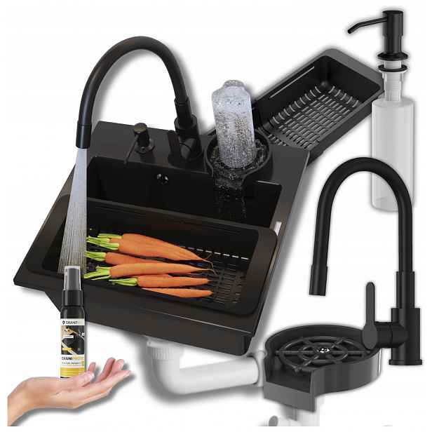 Granitový dřez Mini Sada Dřez Baterie Sifon Myjka Dávkovač 6v1