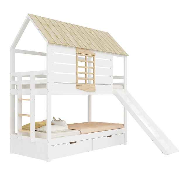 OKWISH PATROVÁ postel 90/200 cm bílá z borovice a MDF s výsuvem a 2 zásuvkami