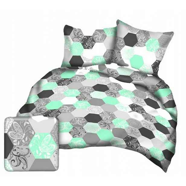 Krepové povlečení 200x220 šedá mátová hexagony Kůra