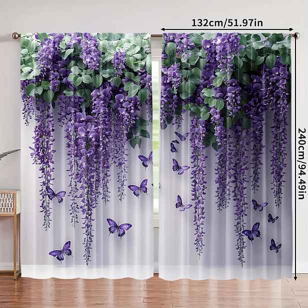 TEMU 2ks Elegantní Fialové Závěsy s Wisterie & Motýlů - Polyester s Osvětlovacím Efektem, Kapsou na Tyč pro Snadnou Instalaci, Ideální pro Dekoraci