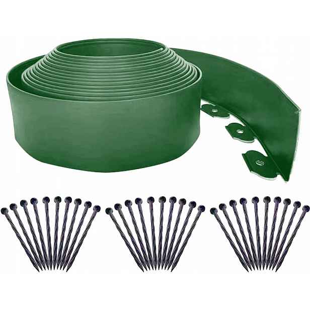 Zahradní lem 10 m pružný 10 cm 30 plastových kolíků zelený