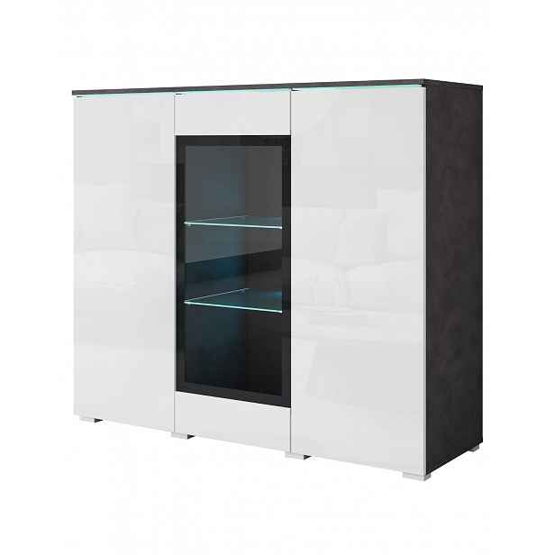 Komoda s vitrínou a LED osvětlením Vera matera / bílý lesk, 120 cm