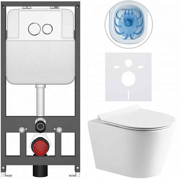 Kompletní WC set Basic/Carlito - bílá lesklá - WC tlačítko Dualo/Bílá - závěsné - předstěnová instalace - 48,5x36,5 cm