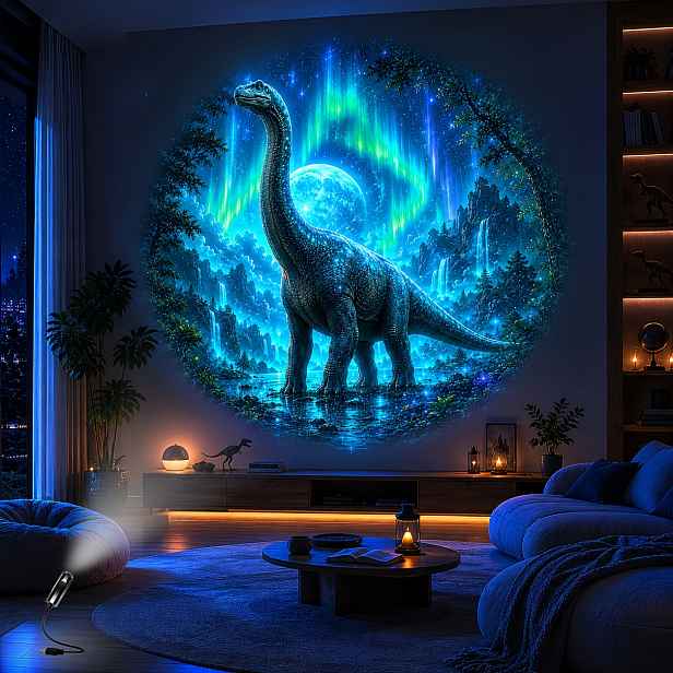 TEMU Fantastická projekční noční lampa s dinosaury, Jurský projektor s dinosaury, USB napájená měsíční světelná lampa s jurskou galaxií, Projekční