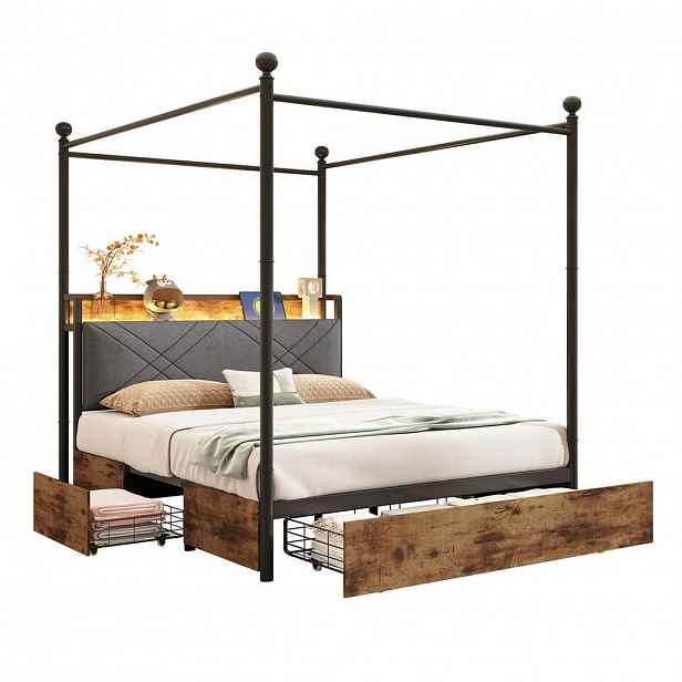 Redom POSTEL 140/190 cm s odnímatelným baldachýnem, LED osvětlením, USB a Type-C porty, úložným prostorem, Černá