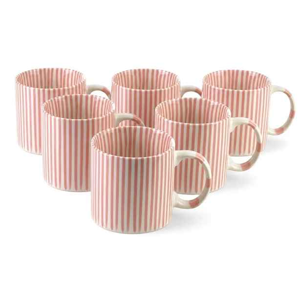 Porcelánové hrnky na kávu 380 ml Sada 6 ks s růžovo-bílými proužky