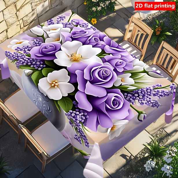 TEMU 2D plochý tisk, 1ks ubrus s kyticí fialových růží, odolný polyesterový ubrus, elegantní a romantický, obdélníkový, pratelný, skvělý dárek pro