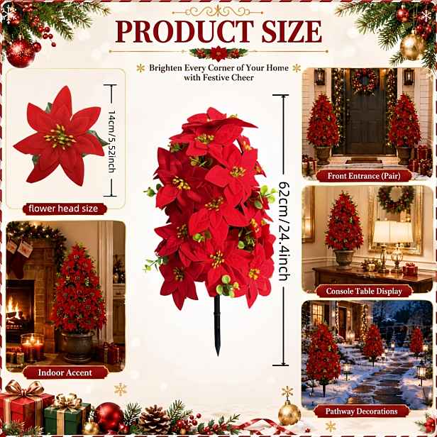 TEMU 1 ks Vánoční umělá červená poinsettie, stolní květinová aranžmá, červená vánoční květinová dekorace, venkovní dvůr, zahrada, trávník, veranda,