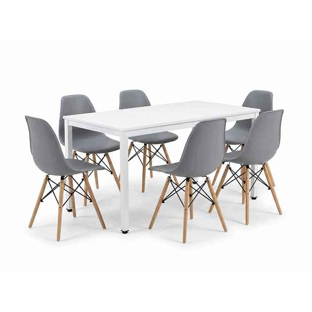 Jídelní set: Stůl 120x60 cm v loftovém stylu (bílý) a 6 skandinávských židlí (šedé)