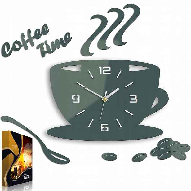 Nástěnné hodiny ve tvaru šálku Coffe Time 3D Grey Kulatý