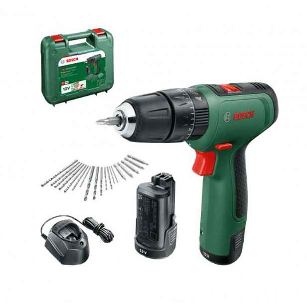 Bosch - 12V AKU vrtačka s příklepem a příslušenstvím, 2x aku 1,5 Ah Li-Ion, nabíječka 06039D3105