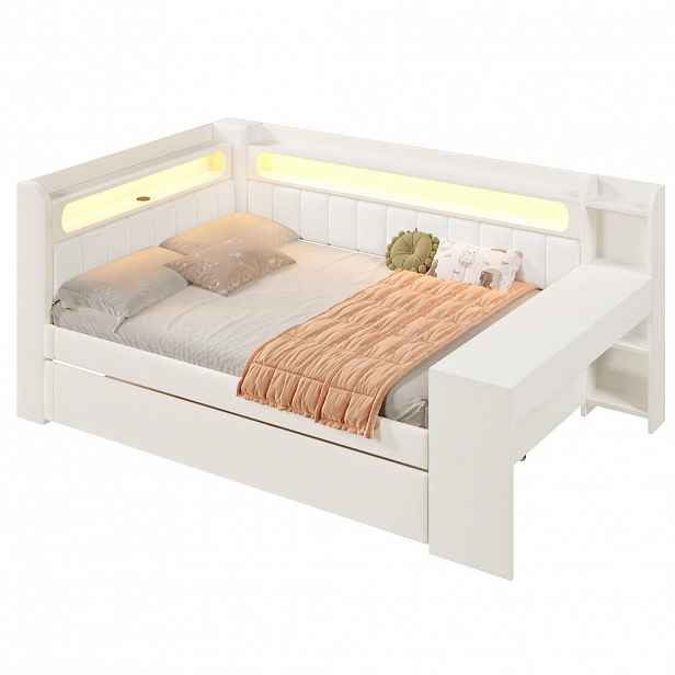 Redom POSTEL 140/200 cm s LED osvětlením, USB, výsuvným lůžkem a psacím stolem, Bílá