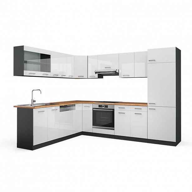 Vicco ROHOVÁ KUCHYŇ R-Line, Bílá vysoký lesk/Antracit, 287 x 227 cm, PD Dub