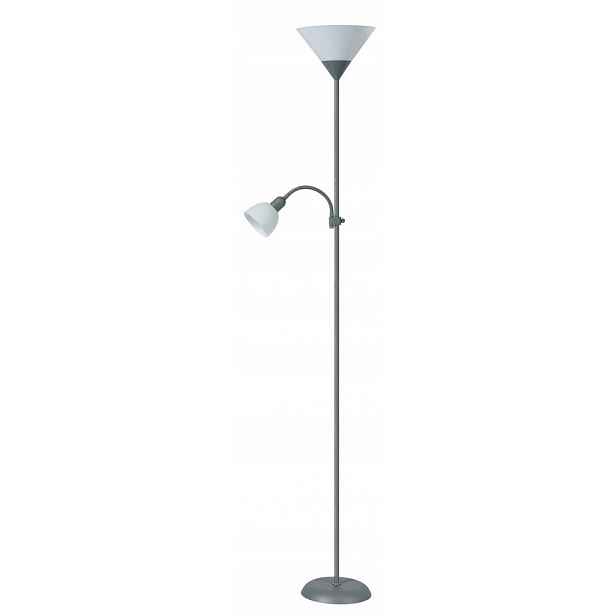 Stříbrná stojací lampa Action s teplým leskem do obývacího pokoje Rabalux