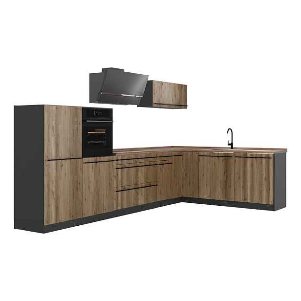 Vicco ROHOVÁ KUCHYŇ R-Line, Řemeslný dub/Antracit, 347 x cm pracovná doska Dub Goldkraft