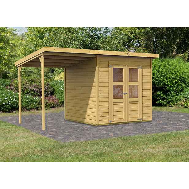 Dřevěný zahradní domek 370 x 236 cm s přístavkem Dekorhome
