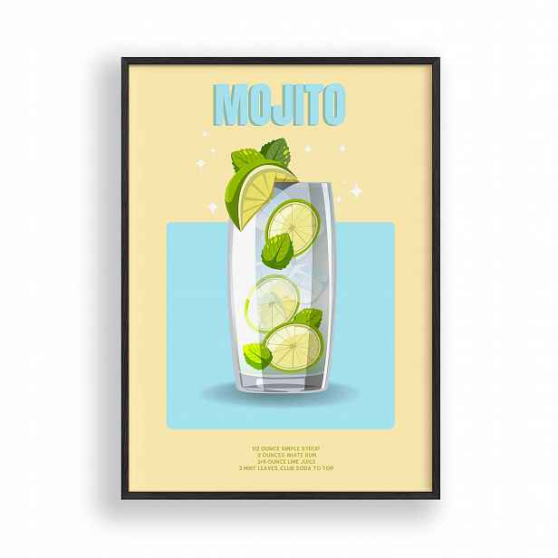 Obraz Koktejl Mojito Plakát Rámeček Dřevěný Černý 30x42 cm